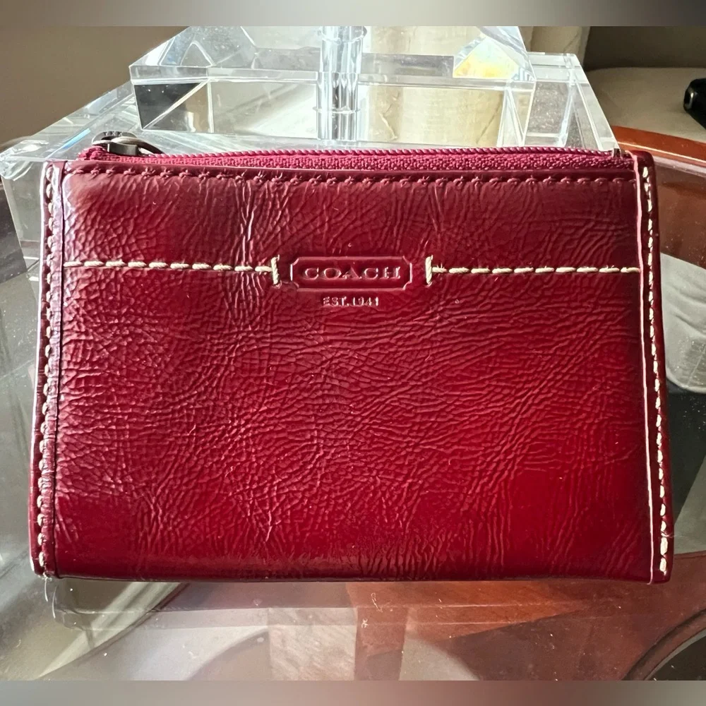 Coach Legacy Crimson Red Patent Leather Contrast Stitch Card Coin Pouch